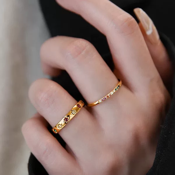 Simple Rainbow Color Diamond-encrusted Titanium Steel 18k Gold Plating Ring Women's Stacked High Color-retaining Ring Niche Design Finger Ring