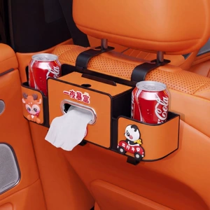 Car seat back storage box, multifunctional tissue box with cup holder, cute cartoon car rear storage box