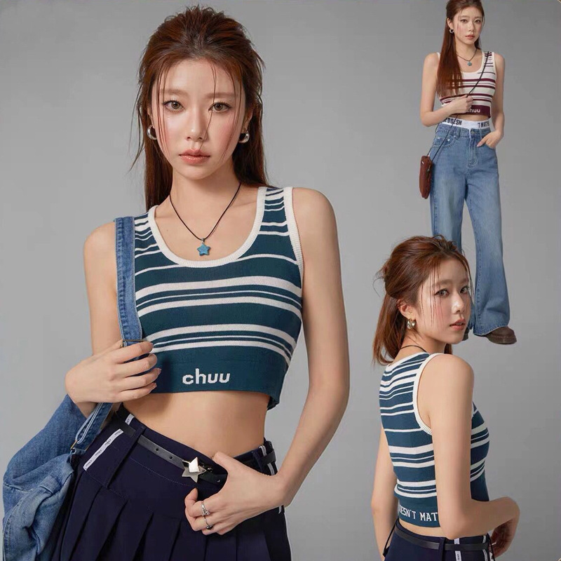 Letter Striped Vest Women's 2025 Summer Outerwear Knitted Sleeveless Inner Top Korean Style U-Neck Striped High Waist