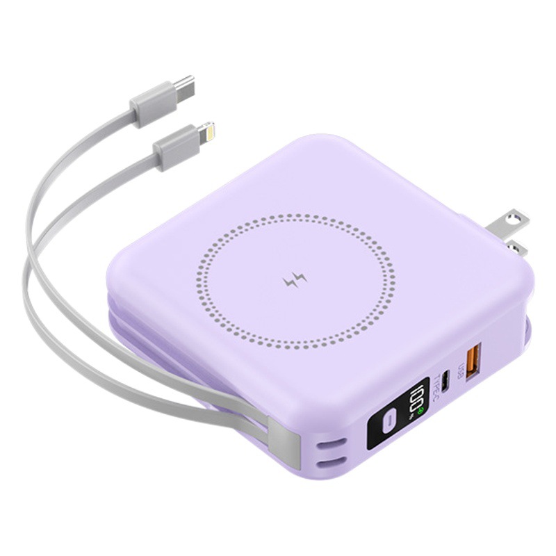 Power Bank 5 en 1 con enchufe, carga rápida PD20W, carga inalámbrica, cable retráctil y succión magnética