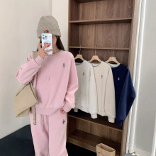 圆领卫衣女加绒小熊刺绣冬季新款休闲插肩款内搭美式运动上衣外套