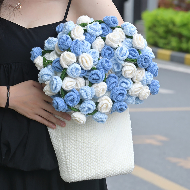 成品蓝色玫瑰花束毛毯编织花朵毯子针织七夕情人节生日礼物520女|undefined