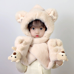 Children's Hat Scarf Gloves Three-piece Set Winter fleece-lined Thickened One-piece Cap Windproof Warm Hat for Boys and Girls Parent-child