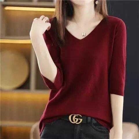 2024 Spring and Autumn V-neck Pullover Sweater Women's Mid-sleeve Base Shirt Loose Half-sleeve Knitted Short-sleeve Women's Inner Top