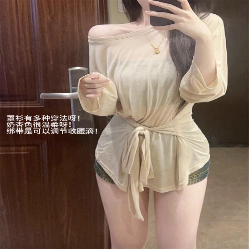 Summer Off-Shoulder Tie-Up Long-Sleeve Top for Women, Stylish and Elegant Cover-Up, Slim-Fit, Versatile, Relaxed T-Shirt Trend