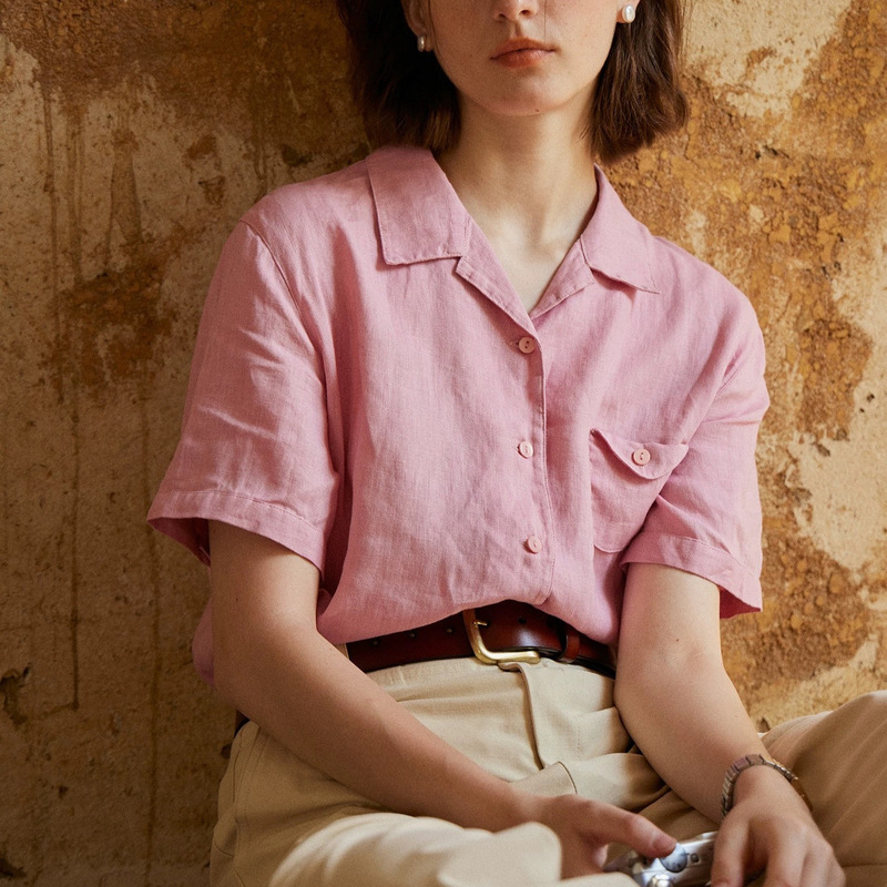 Retro Pure Lazy Cuban Collar Linen Shirt Loose Short-Sleeved Top/Two Colors