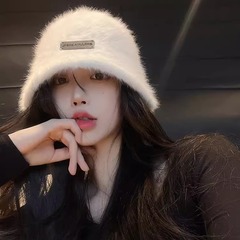純色兔毛漁夫帽女秋冬毛絨水桶帽日系大頭圍盆帽顯臉小保暖帽子潮