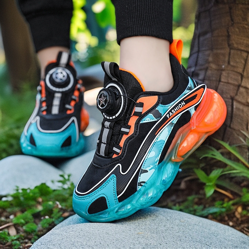 Cross-Border Boys' Sports Shoes 2024 New Rotating Buckle Children's Shoes Soft Sole Lightweight Medium and Large Children's Running Shoes Breathable Mesh Shoes