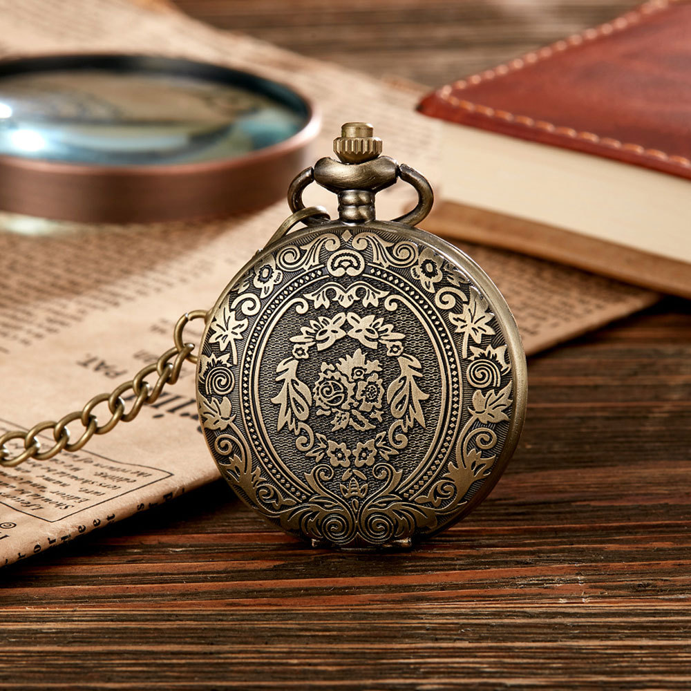 Relógio de bolso esqueleto vintage gravado com colar presente_voghion.com