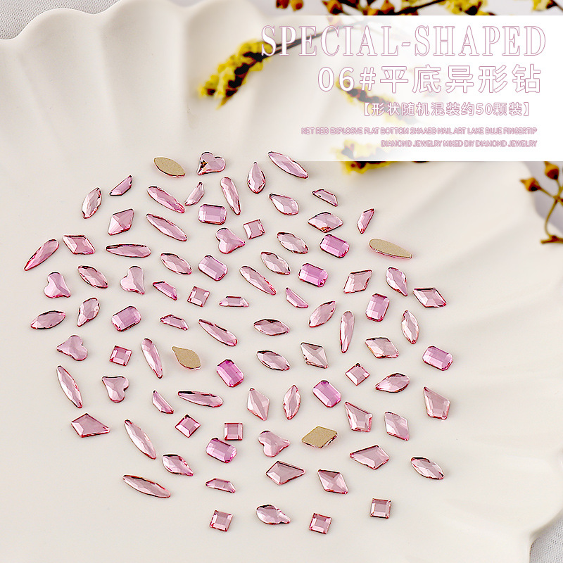 Manicura diamante plano 100 mezclado azul claro rosa claro verde plano especial en forma de diamante amor diamante decoración de uñas Super Flash