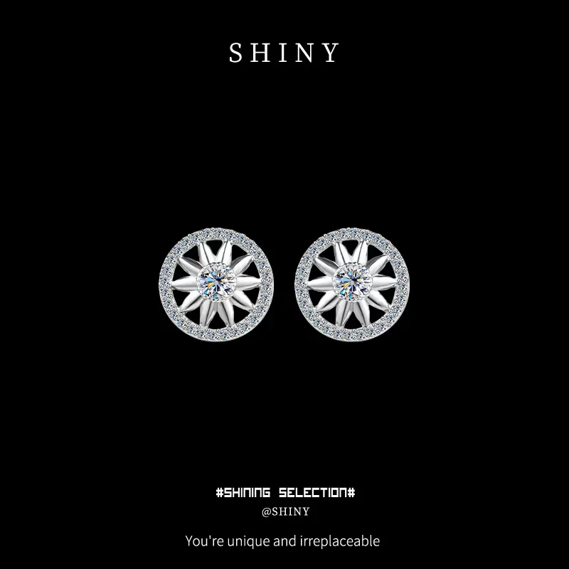 速卖通新款男女耳饰欧美跨境S925银镶莫桑石嘻哈圆形耳钉轻奢耳钉