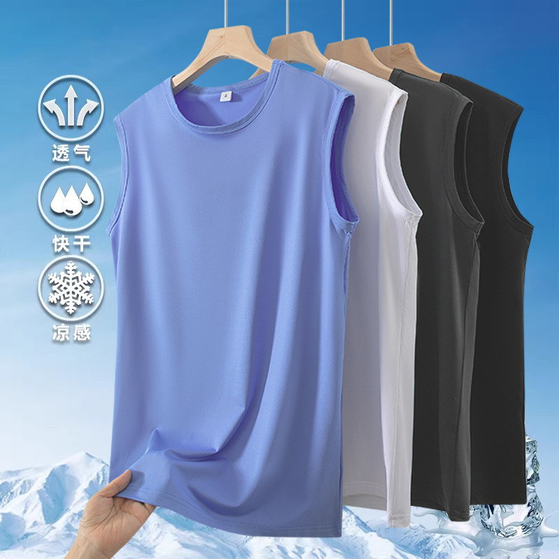 Cross-Border Summer Men's Ice Silk Vest Large Size Round Neck T-Shirt European Size Fashionable Casual Cool Sports Fitness Sleeveless T-Shirt Cross-Border Summer Men's Ice Silk Vest Large Size Round Neck T-Shirt European Size Fashionable Casual Cool Sports Fitness Sleeveless T-Shirt