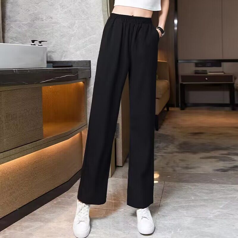 Black trousers, loose straight fit, elastic waist