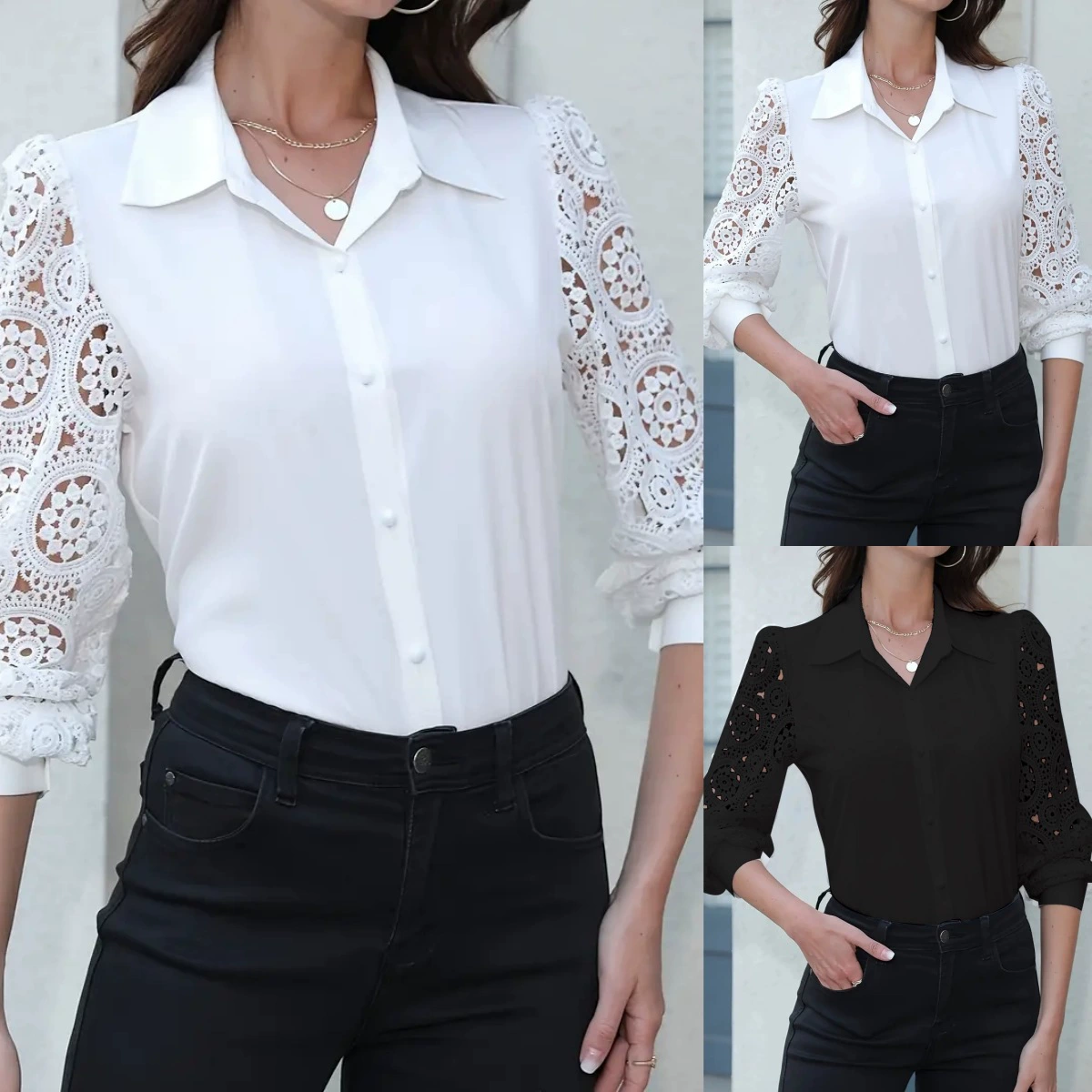 2025 Independent Station AliExpress wish взрывной весенне-осенний модный кружевной рубашки с длинными рукавами и отворотом рубашки женщины