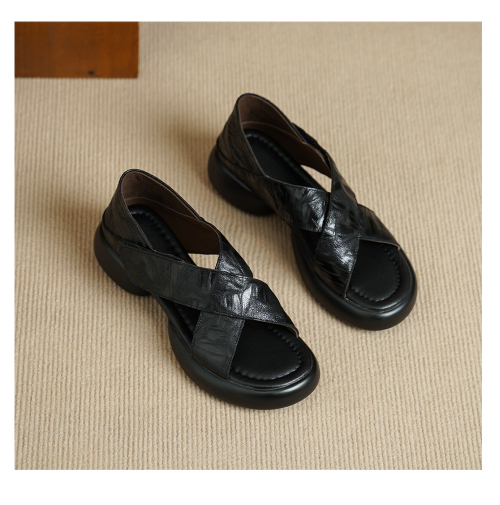 Sandal nữ hở mũi đế dày 4 cm da cừu quai chéo bọc gót — màu nâu chi tiết 17