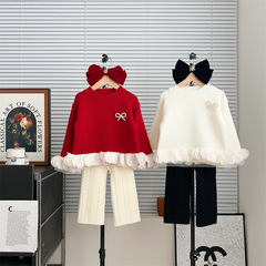 2024秋冬新款韓版女寶寶小花邊圓領針織套頭兒童洋氣毛衣女童褲子