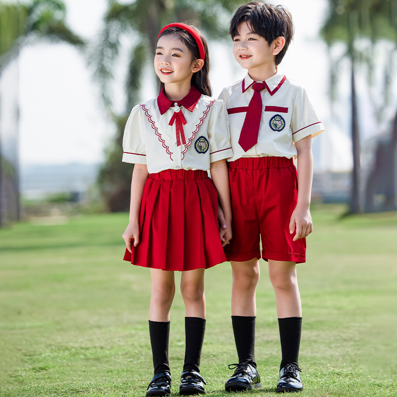 幼兒園園服夏裝英倫風兒童班服夏季學院風紅色小學生夏季校服套裝