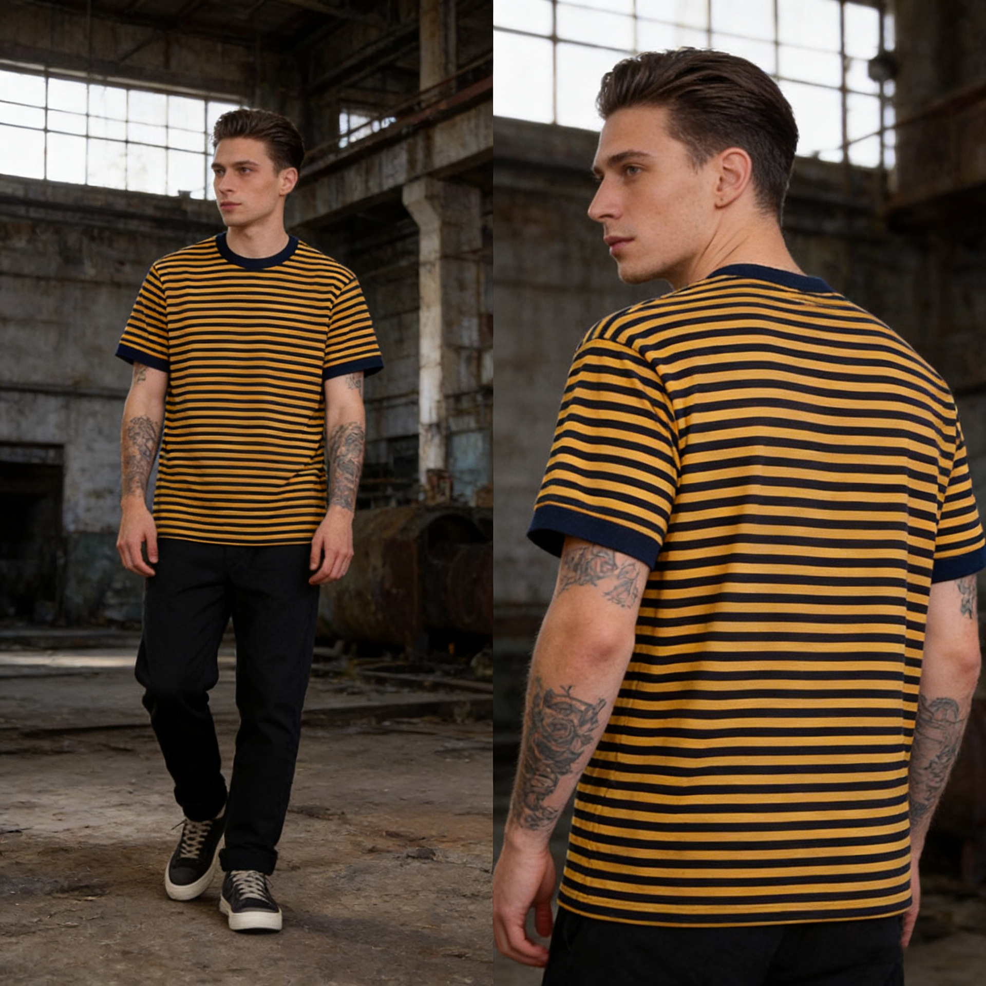 OKONKWO verano cuello redondo a rayas de manga corta Camiseta de los hombres ameikaji gruesa azul marino Sea Spirit camisa TEE