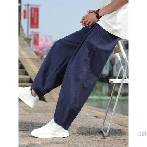 China style summer, new Chinese style youth men's wide-leg pants, cotton linen, loose large-size training lantern pants