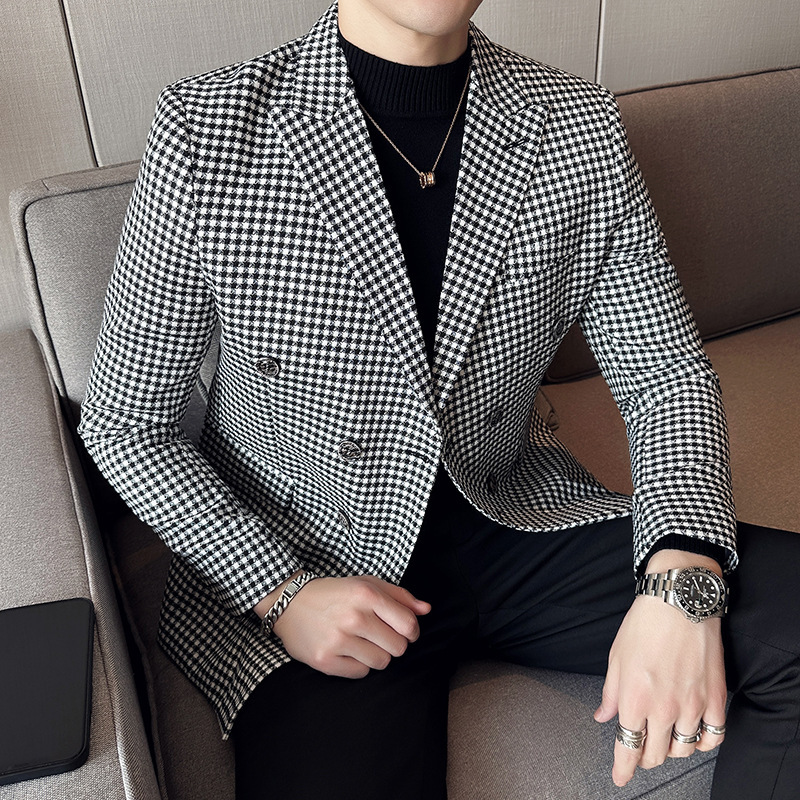 Factory Sale Men's Thin Spring Houndstooth Suit Jacket Slim-fit Double-breasted Suit Jacket Men's Single Western Factory Sale Men's Thin Spring Houndstooth Suit Jacket Slim-fit Double-breasted Suit Jacket Men's Single Western