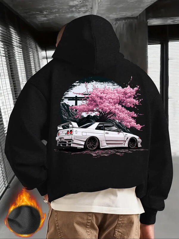 Cross-Border European Size Men's Black Hoodie with White Jdm Car and Pink Cherry Blossom Back Print Japan Street Style