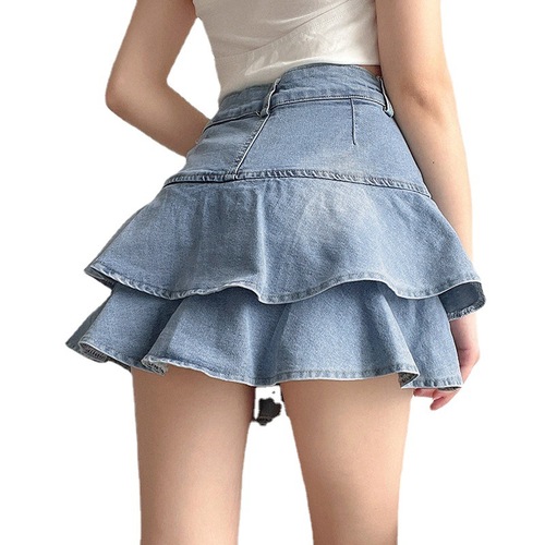 Jeans mini skirt for girls hight waist metal buckle pleated skirt layer of ruffles lining bag hip skirt for women