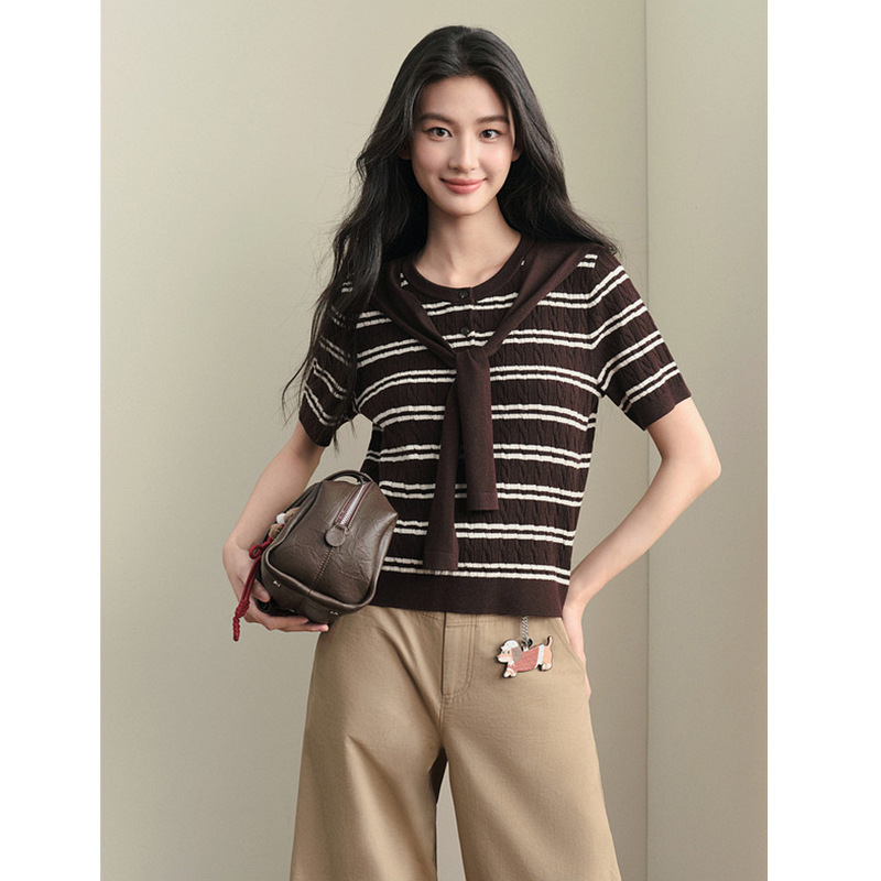 Same Style as in the Mall, Round Neck Striped Knit Sweater, New Spring 2026 Model, Shawl Collar Short Sleeve 3H3130201