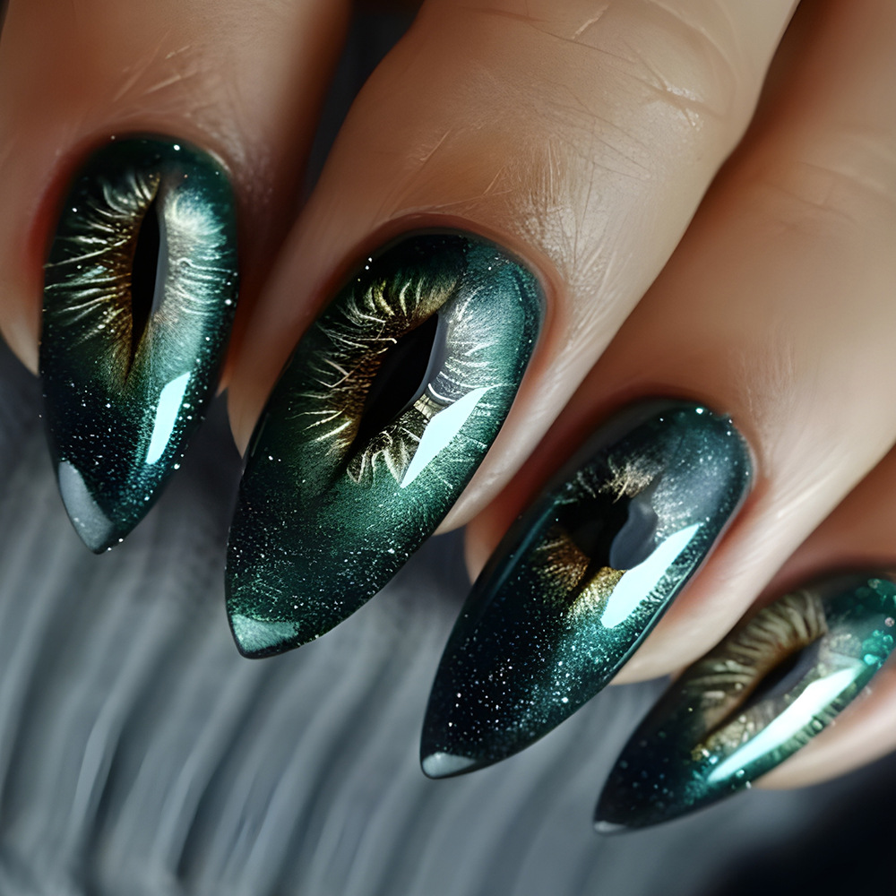 Ojos de gato transfronterizos verde oscuro gradiente desgaste de uñas europeas y americanas viento oscuro almendras uñas falsas 24 piezas de manicure al por mayor