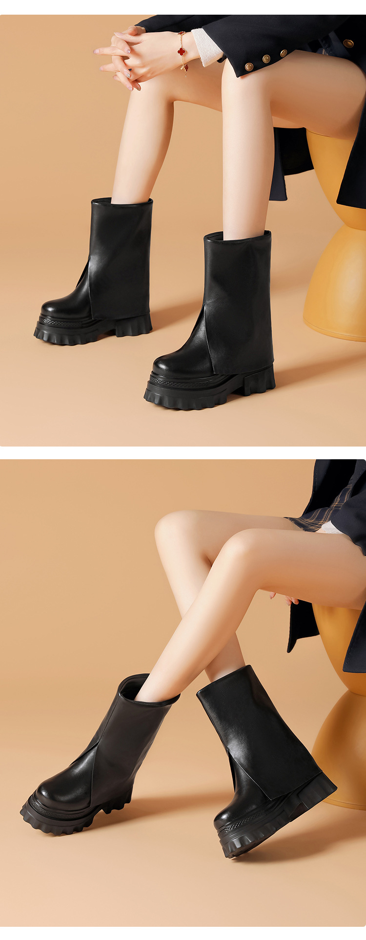 Boot nữ cổ cao ôm bắp chân đế xuồng cao 10 cm lót nhung ấm — Lót nhung đen chi tiết 3