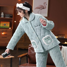 睡衣女士秋冬季加厚加绒三层夹棉珊瑚绒法兰绒棉袄棉衣保暖家居服