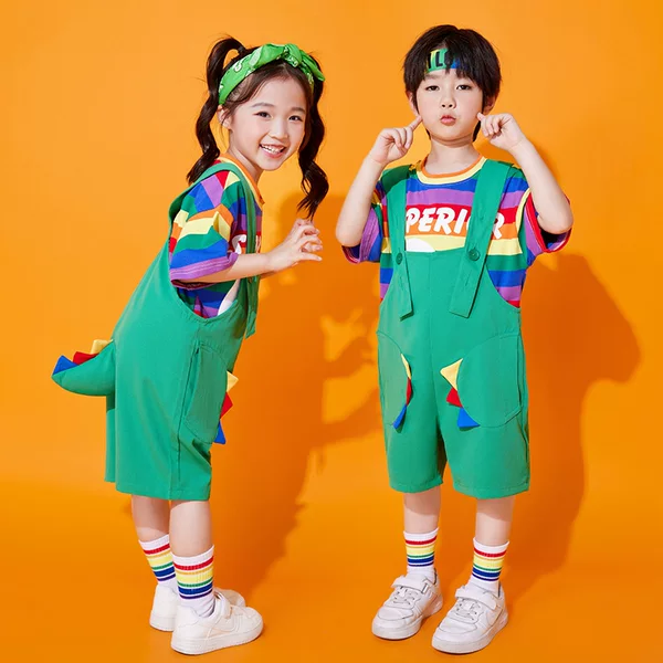 Children's Dancing Cute Dinosaur Strappy Pants for Kindergarten Children's Children's Group Animal Performance Clothing for Summer