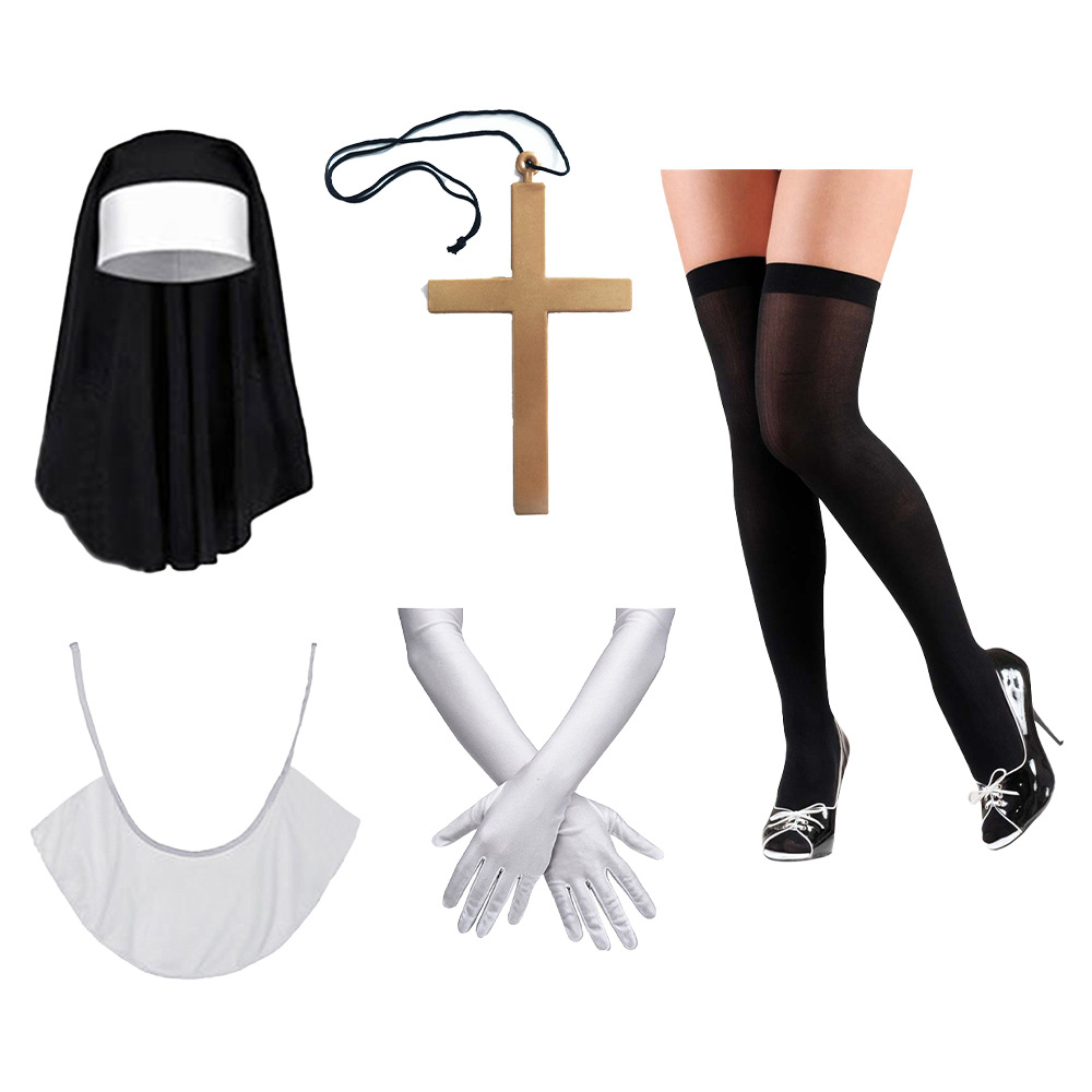 Halloween sexy cosplay monjas juegan disfraz ropa pañuelo calcetines collar crucifix set