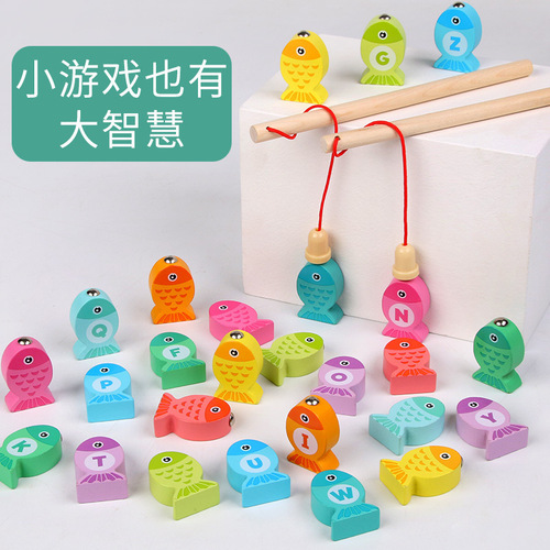 Cross-border wooden fun English alphabet numbers fishing toys children early education cognitive hand-eye coordination parent-child games