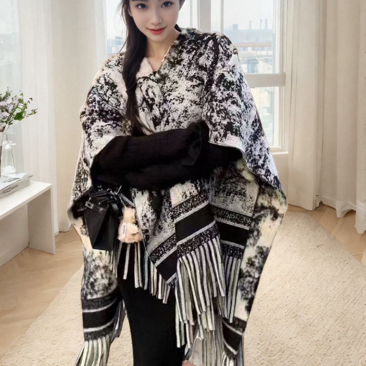 【水墨风】黑白花纹披肩围巾女长款冬季保暖百搭时尚斗篷国风流苏