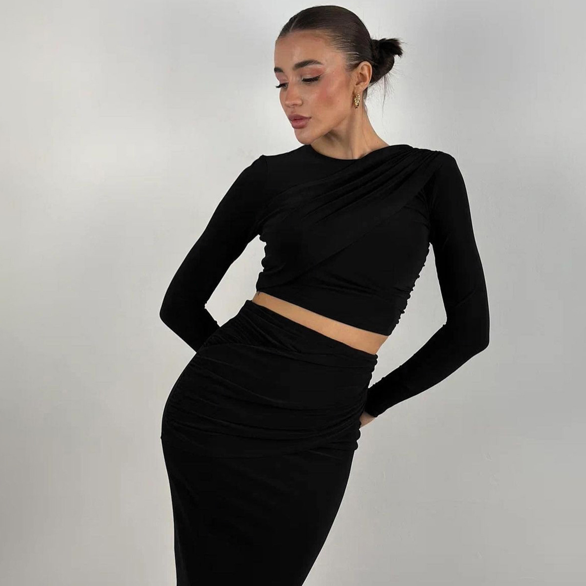 European American Style Women's Clothing 2024 Autumn And Winter New Foreign Trade Round-neck Long-sleeve Crop Top_ecoleips.com