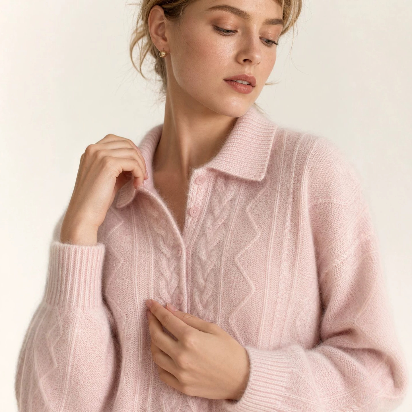 2026 Fall/Winter New Cashmere Brushed Polo Collar Skin-Friendly High-End Women's European and American Style Loose Knit Pullover Top