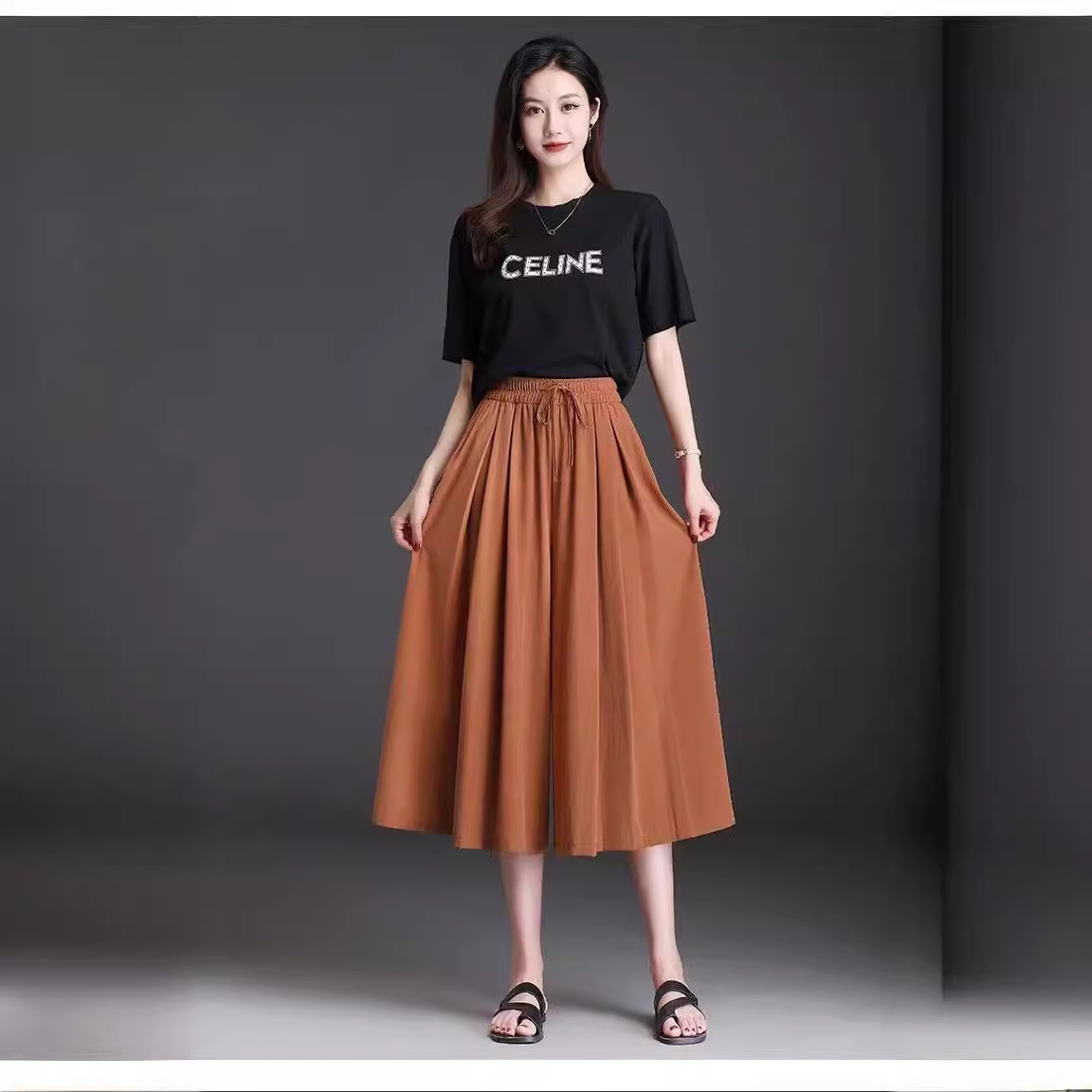 Ice Silk Wide-Leg Pants High-Waist Drape Skirt-Pants Summer Thin Women's Pants New Style Middle-Aged Seven-Point Casual Wide-Leg Pants