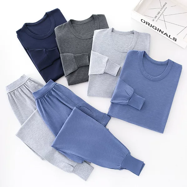 Men's New Autumn and Spring Thermal Underwear Set, Low-Neck Plain Knit Top and Pants, Loose-Fitting Warm Underwear for Middle-Aged and Elderly