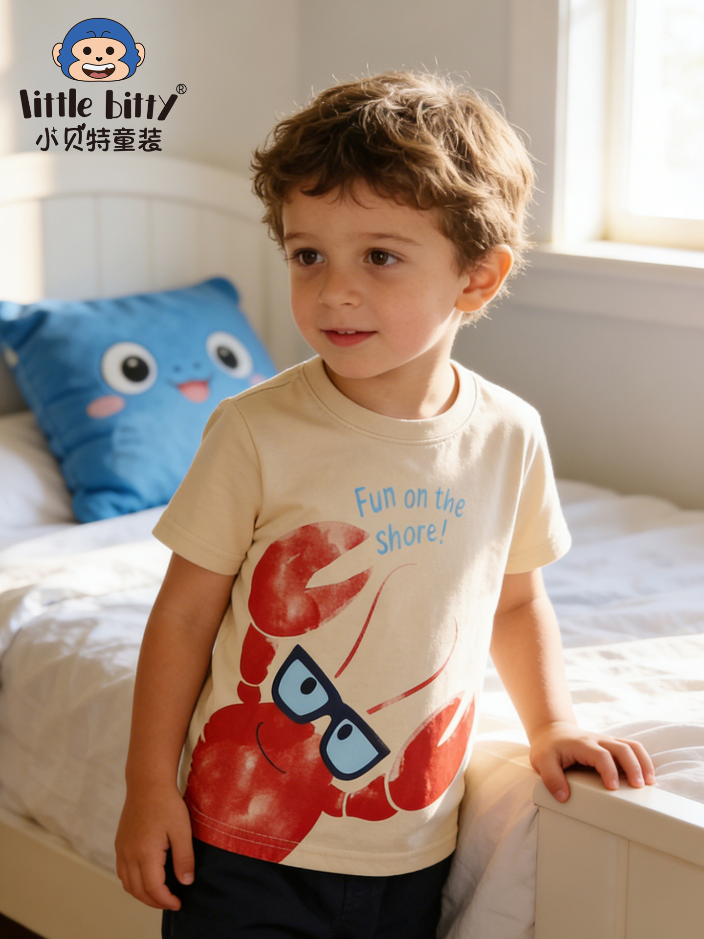 Cross-Border Supply 26 Years of Experience in Spring and Summer Children's Short-Sleeve T-Shirts with Cartoon European and American Lobster Print Round Neck Boys' Tops in Stock