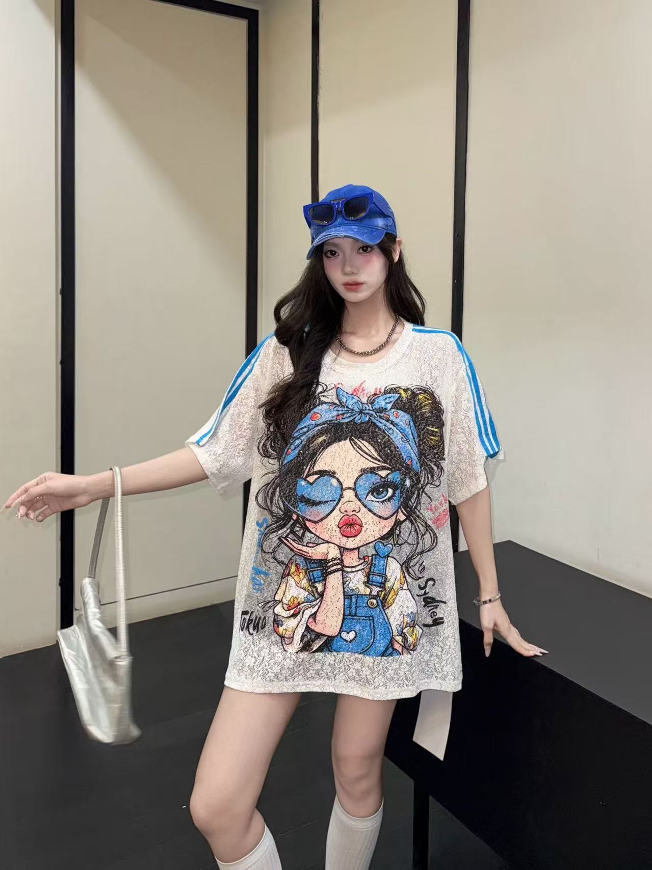 Marca de marea nueva impresión pesada de dibujos animados de estilo medio largo largo largo suelto camiseta de manga corta image 4