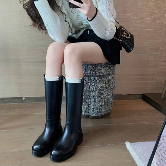 Grape mom straight thick-soled boots for women autumn and winter New height increasing slimming small knee high Knight boots