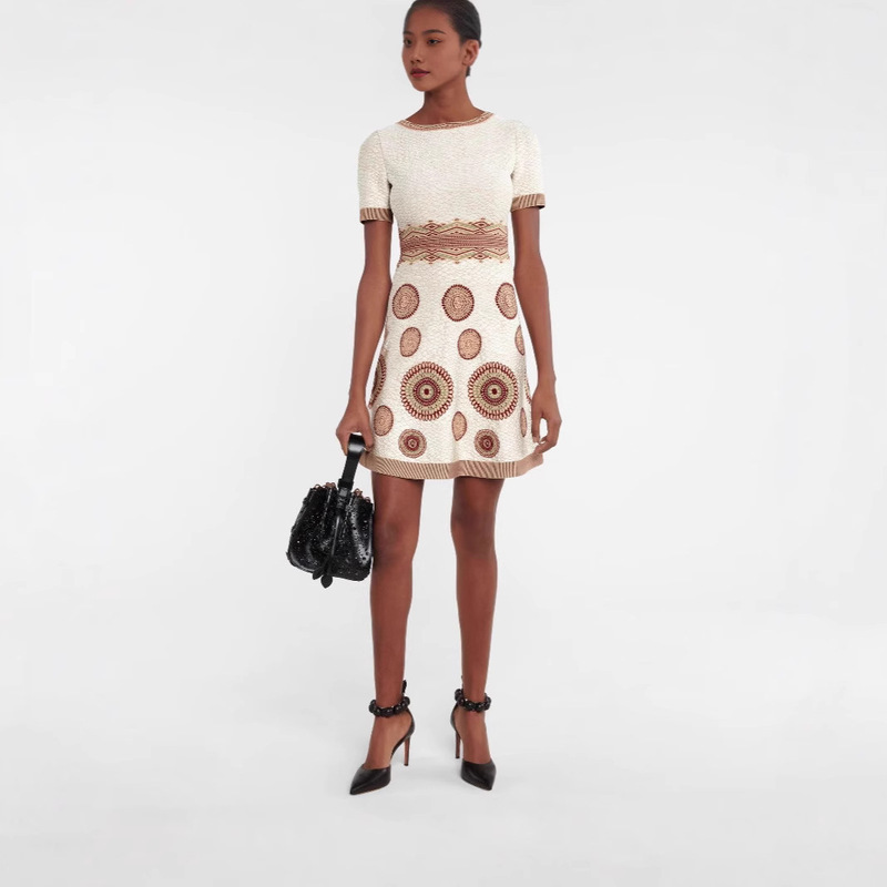 Alaia Fashion New Round Neck Short-Sleeved Knitted Jacquard A-Line Ethnic Style Slim Dress Women's Mid-Length Dress