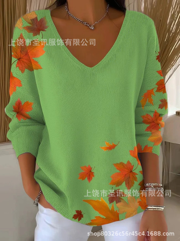 欧美跨境独立站新款3D印花女士时尚渐变色V领长袖T恤上衣|undefined