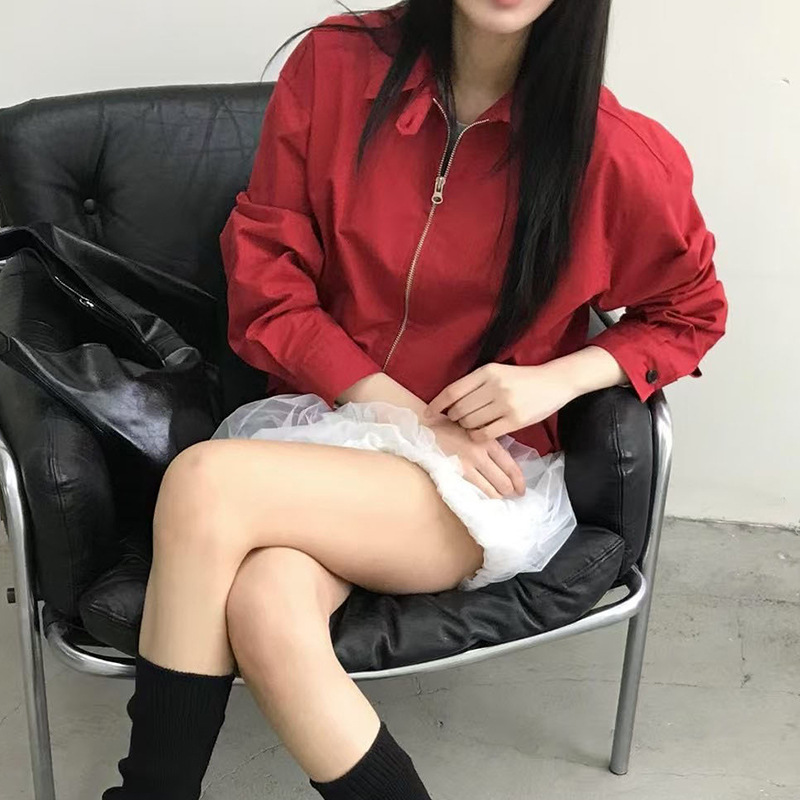 韩国东大门2025秋季新款休闲简约气质宽松显瘦翻领拉链夹克外套女|undefined