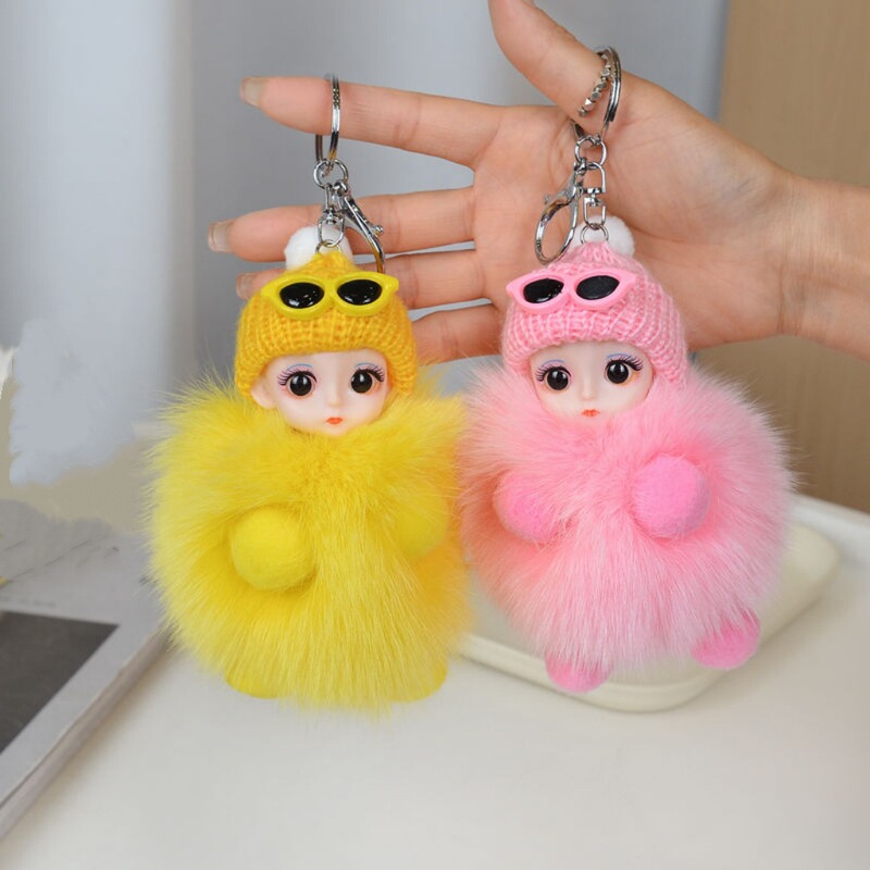 Real Fox Fur Cute Dimple Doll Car Keychain Pendant Ins Plush Doll Doll School Bag Pendant