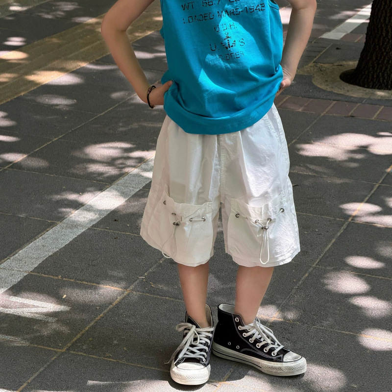 Lanyu 26 Summer New Children's Clothing for Boys, White Cotton Cargo Shorts with Large Pockets, Street Style Five-Point Shorts