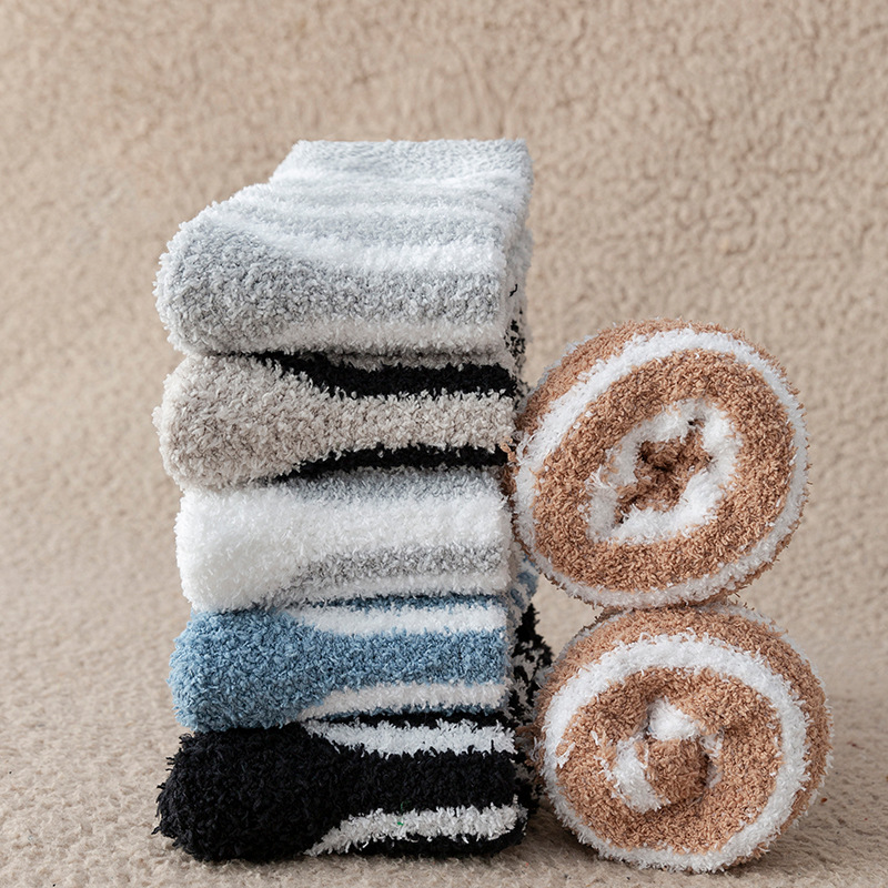 Striped coral velvet socks men's winter warm thickened trendy fashionable non-lint home casual mid-calf floor socks