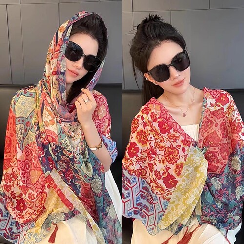 Summer Sun Protection Shawl for Women 2025 New Design with Button Fasteners Long Length Ethnic Style Travel Photography Thin Beach Silk Scarf Cloak