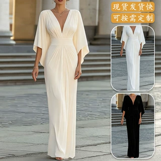 2026欧美跨境女装 时尚舒适收腰修身V领蝙蝠长袖礼服长裙连衣裙