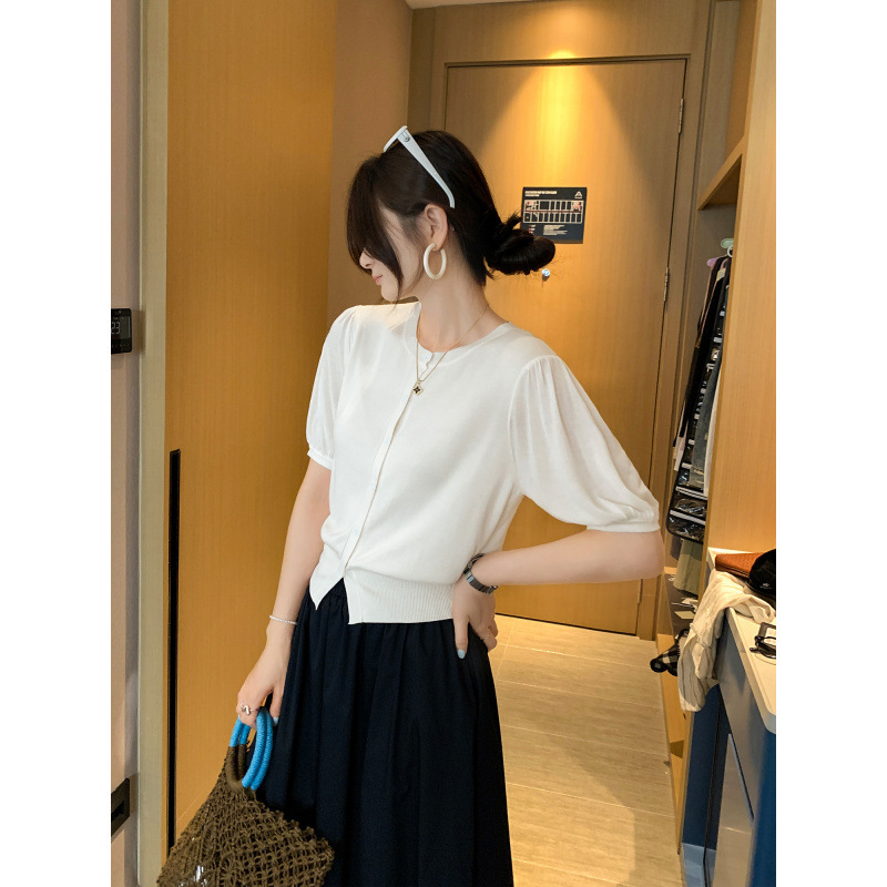 Hot Selling Lyocell Tencel French Gentle Style Puff Sleeve Knitted Cardigan Women's Summer 2025 New Single Top